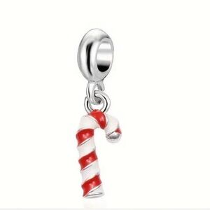 Kohl's Silver Candy Cane Charm Bracelet Pendant with Red and White Enamel